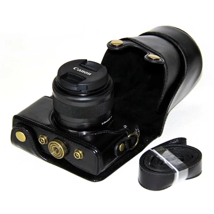 Couvercle de Caméra en Cuir PU + Sangle Pour Canon Eosm / Eosm2 / Eosm 10 Avec Objectif 15-45 mm - le Noir