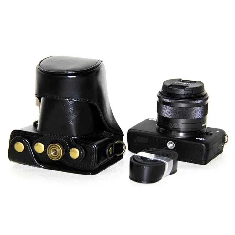 Couvercle de Caméra en Cuir PU + Sangle Pour Canon Eosm / Eosm2 / Eosm 10 Avec Objectif 15-45 mm - le Noir