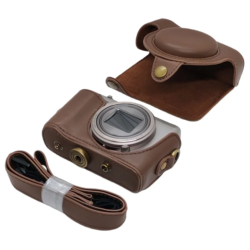 PU Leather Camera Protective Pouch + Shoulder Strap for Sony HX60/HX50/HX30 - Coffee