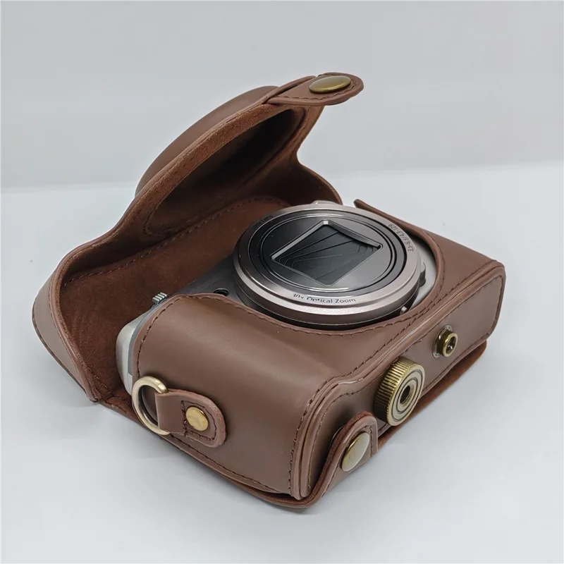 PU Leather Camera Protective Pouch + Shoulder Strap for Sony HX60/HX50/HX30 - Coffee