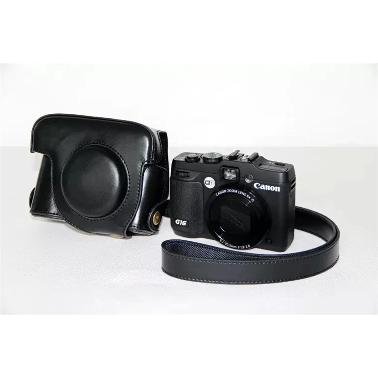 PU Leather Camera Protective Case Bag with Shoulder Strap for Canon PowerShot G15/G16 - Black