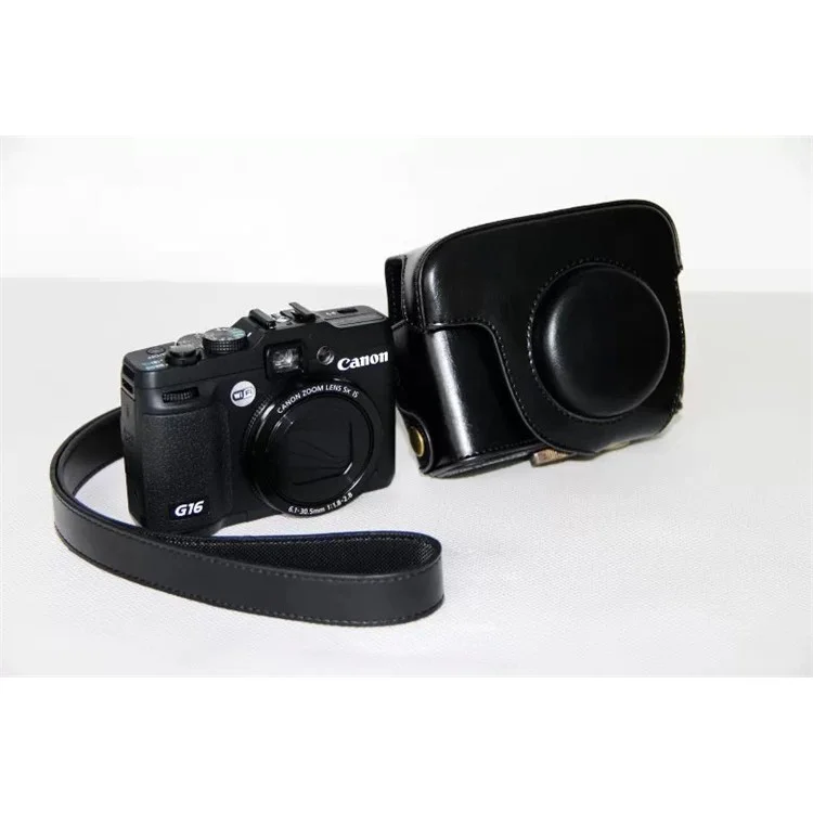 PU Leather Camera Protective Case Bag with Shoulder Strap for Canon PowerShot G15/G16 - Black
