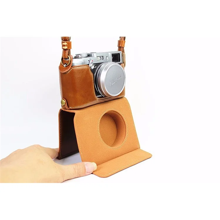 Leather Camera Protective Case Bag with Shoulder Strap for Fujifilm X100/X100S/X100M/X100T - Brown