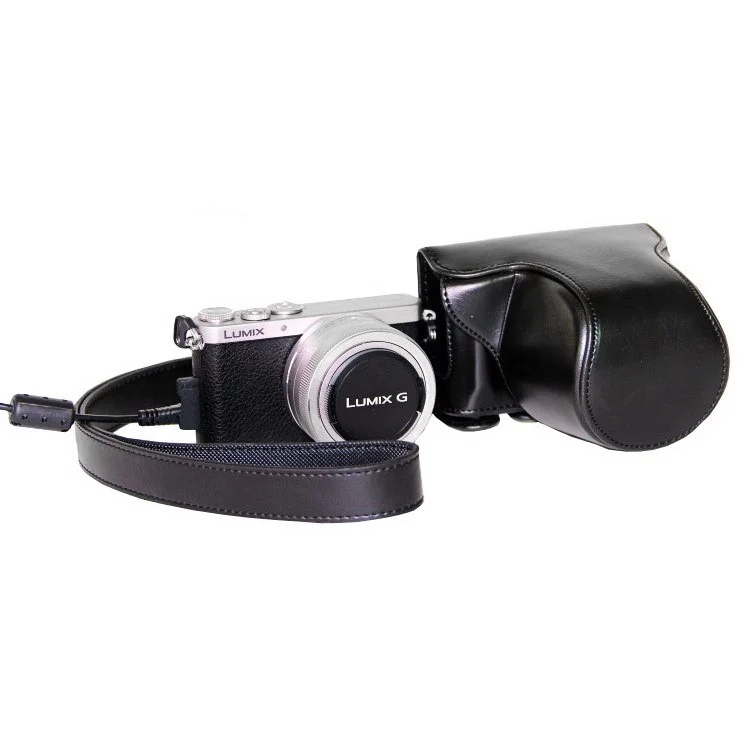 Protective Leather Camera Case Bag with Shoulder Strap for Panasonic Lumix DMC-GM1/GM2 with 12-32mm Lens - Black