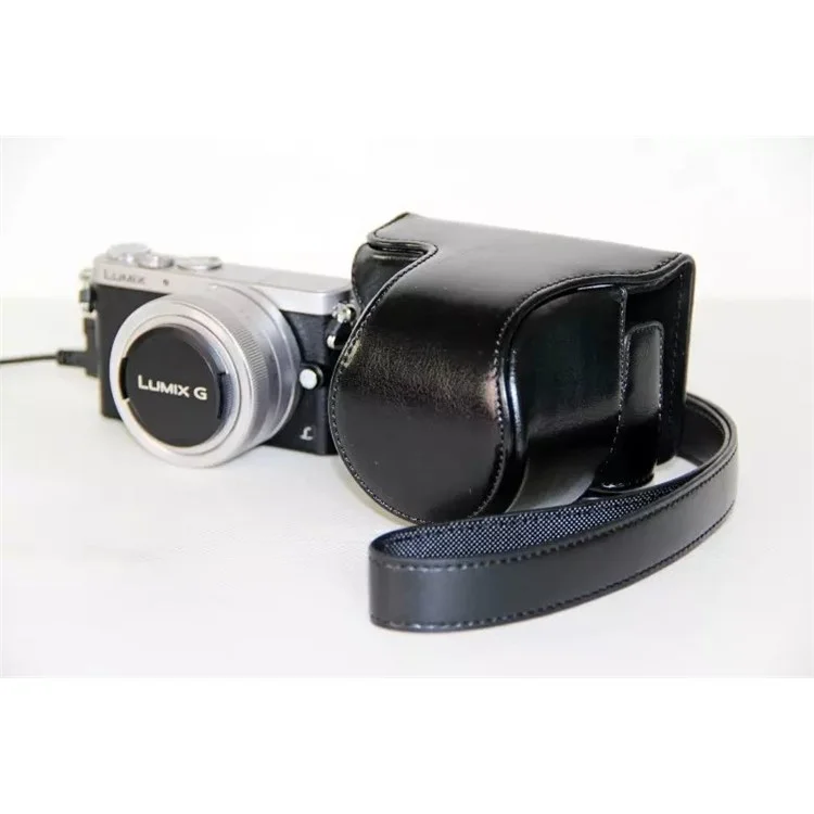 Protective Leather Camera Case Bag with Shoulder Strap for Panasonic Lumix DMC-GM1/GM2 with 12-32mm Lens - Black