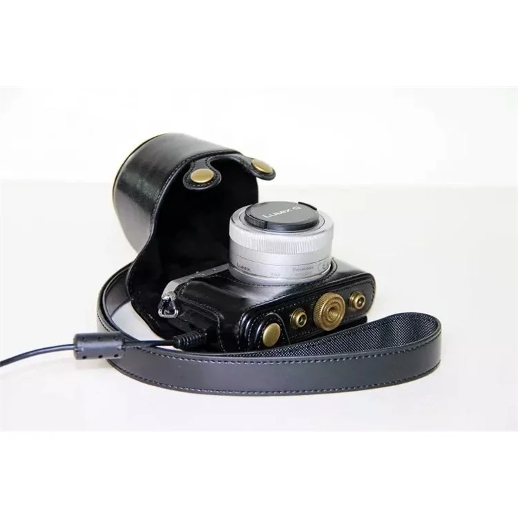 Protective Leather Camera Case Bag with Shoulder Strap for Panasonic Lumix DMC-GM1/GM2 with 12-32mm Lens - Black
