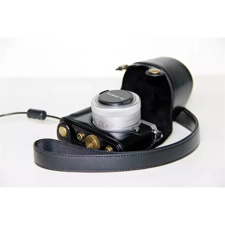 Protective Leather Camera Case Bag with Shoulder Strap for Panasonic Lumix DMC-GM1/GM2 with 12-32mm Lens - Black