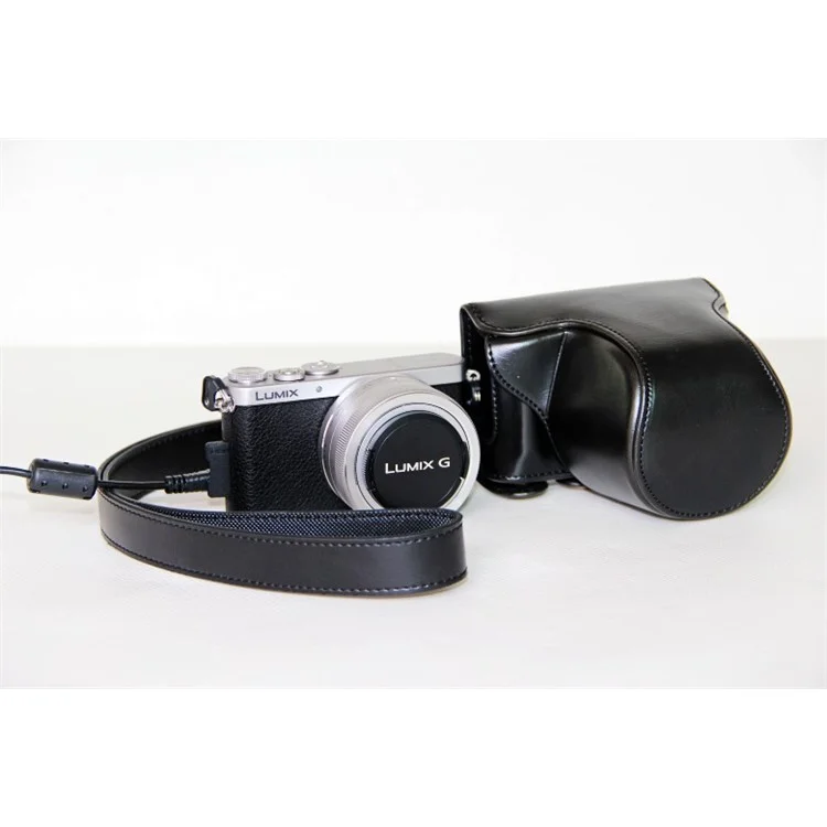 Protective Leather Camera Case Bag with Shoulder Strap for Panasonic Lumix DMC-GM1/GM2 with 12-32mm Lens - Black