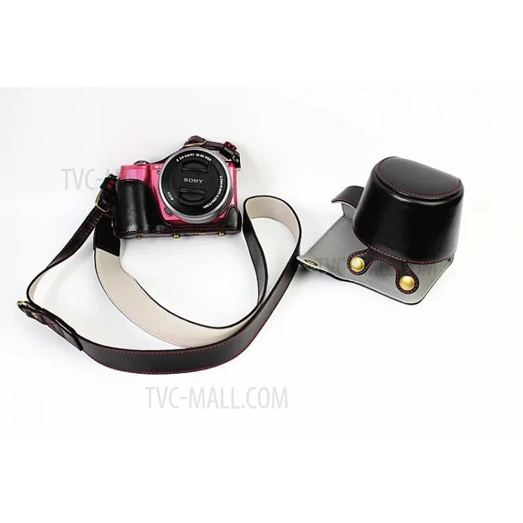 PU Leather Camera Case + Strap for Sony NEX-3N/Alpha a5000/Alpha a5100 with 16-50mm Lens - Black