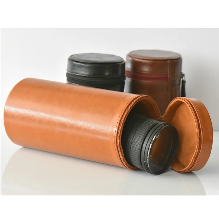 Camera Lens Bag Lens Pocket PU Leather Cover for Nikon Canon Sony Fujifilm etc - Size: L / Brown