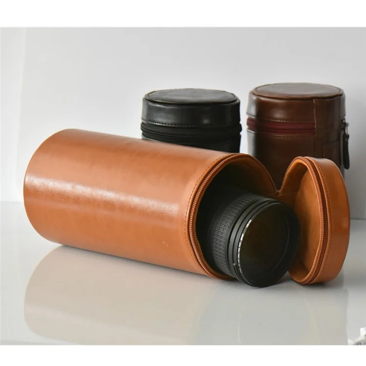 Camera Lens Bag Lens Pocket PU Leather Cover for Nikon Canon Sony Fujifilm etc - Size: L / Brown