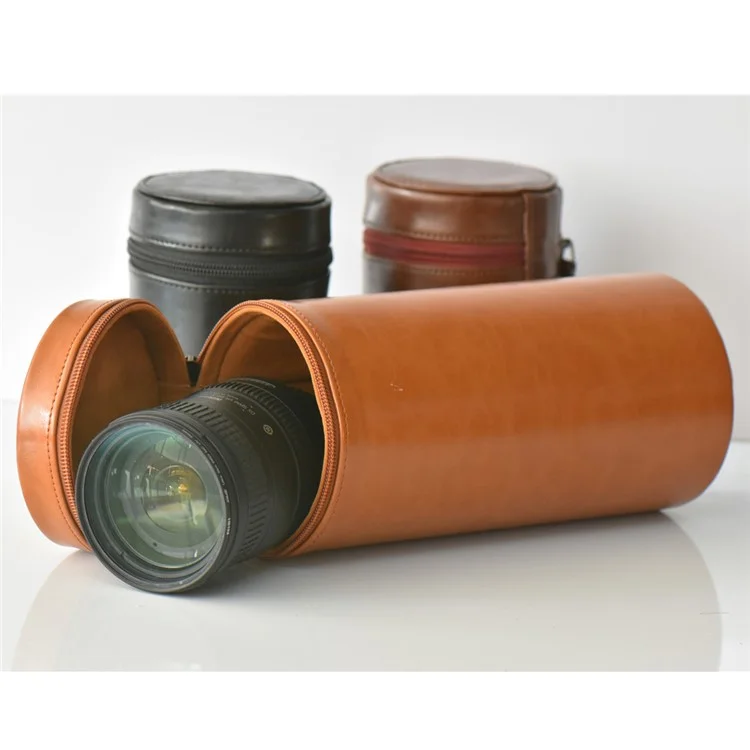 Camera Lens Bag Lens Pocket PU Leather Cover for Nikon Canon Sony Fujifilm etc - Size: L / Brown