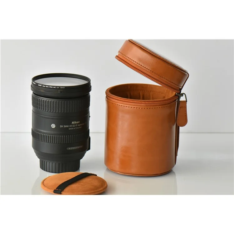 Camera Lens Bag Lens Pocket PU Leather Cover for Nikon Canon Sony Fujifilm etc - Size: S / Brown