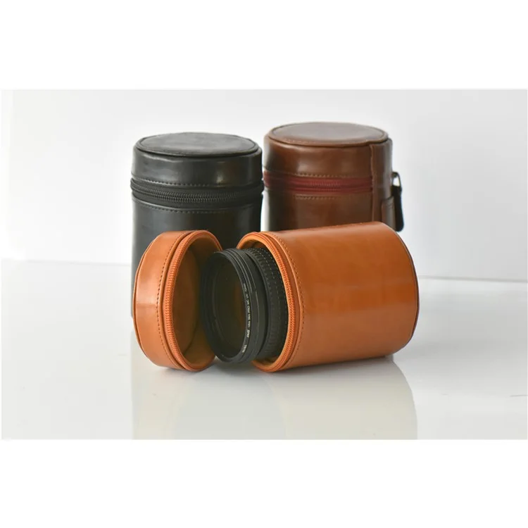 Camera Lens Bag Lens Pocket PU Leather Cover for Nikon Canon Sony Fujifilm etc - Size: S / Brown