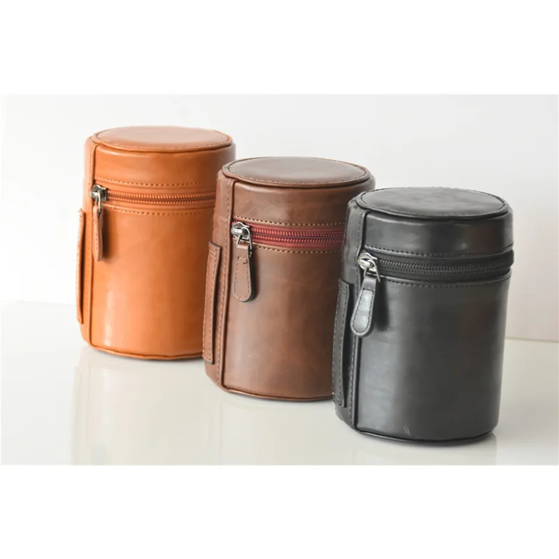 Camera Lens Pocket PU Leather Case for Nikon Canon Sony Fujifilm etc - Size: M / Black