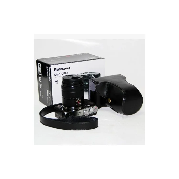Detachable PU Leather Camera Bag Cover + Strap for Panasonic GF6 with 14-42mm Lens - Black