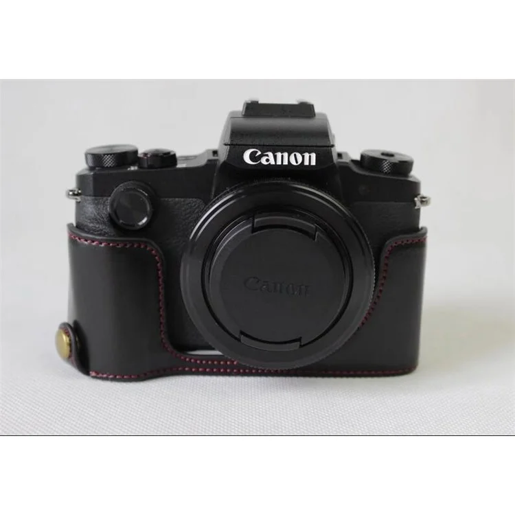 PU Leather Half Camera Case Bag for Canon Powershot G1XIII - Black
