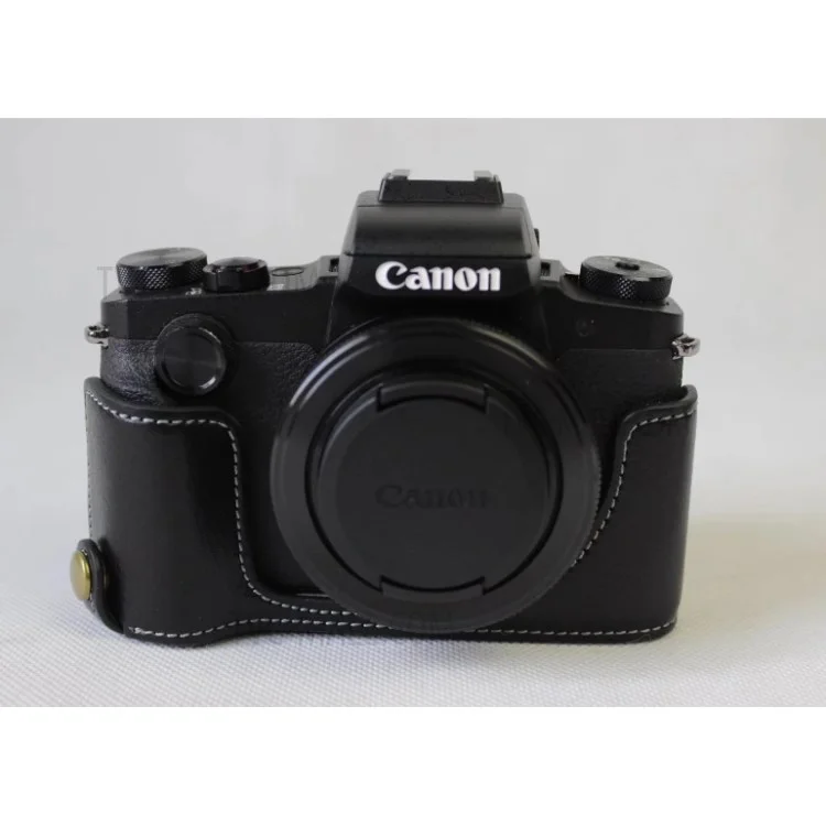 Genuine Leather Half Camera Case Bag Cover Protector for Canon G1X Mark III - Black