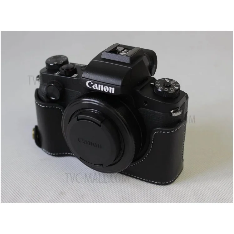 Protetor de Capa de Capa de Meia Câmera de Couro Genuíno Para Canon G1x Mark III - Preto