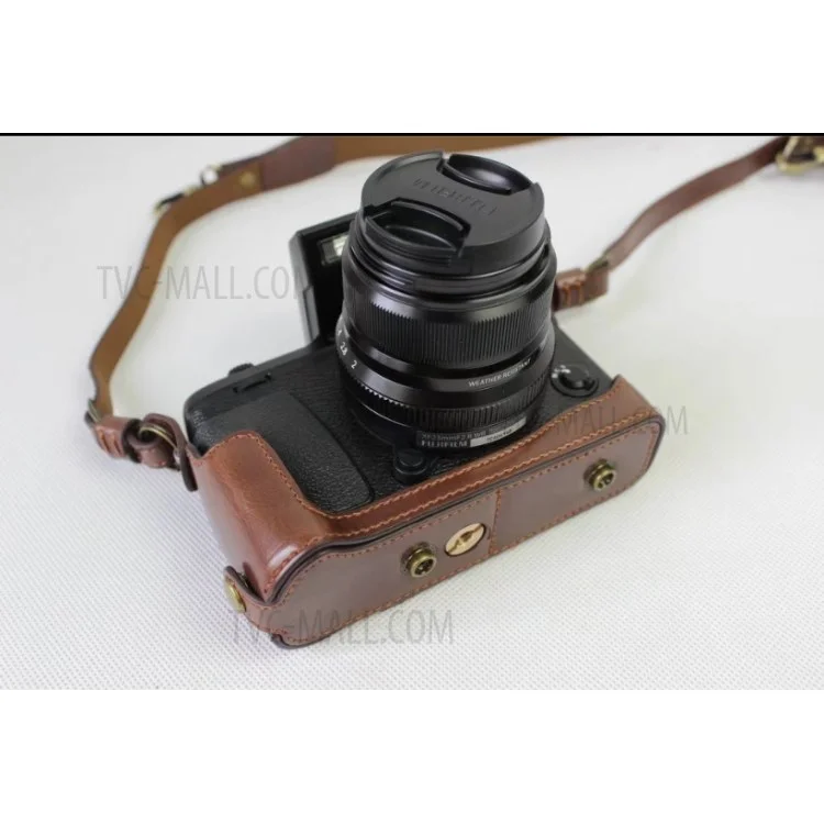 PU Leather Protective Case + Strap + Camera Lens Bag for Fujifilm X-E3 Camera with XF23mm Lens - Coffee