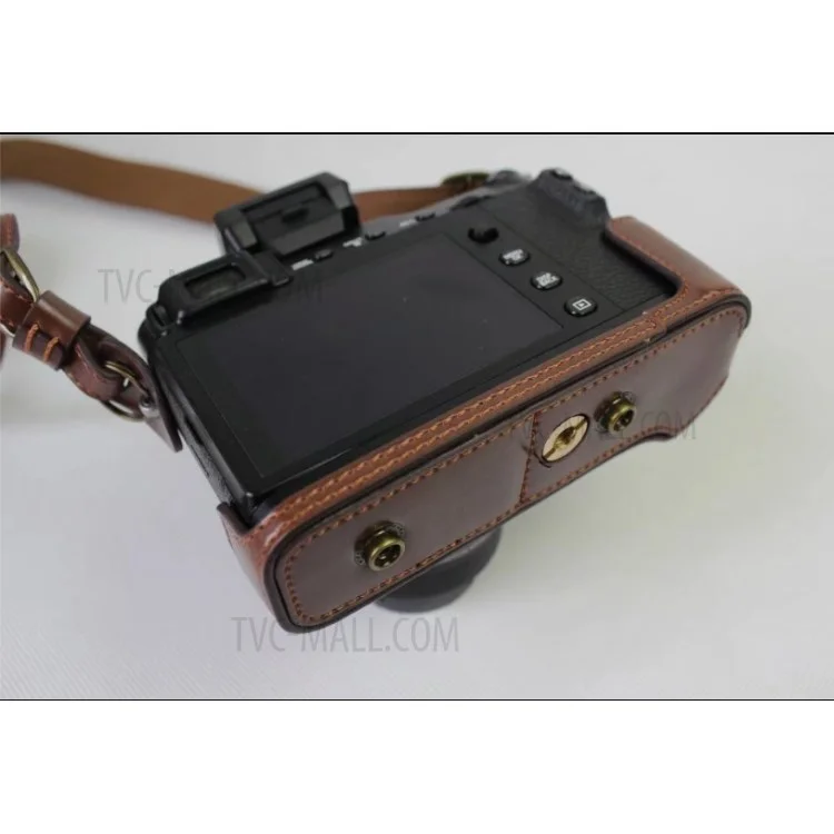 PU Leather Protective Case + Strap + Camera Lens Bag for Fujifilm X-E3 Camera with XF23mm Lens - Coffee