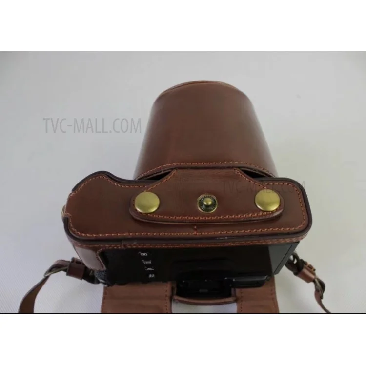 PU Leather Protective Case + Strap + Camera Lens Bag for Fujifilm X-E3 Camera with XF23mm Lens - Coffee