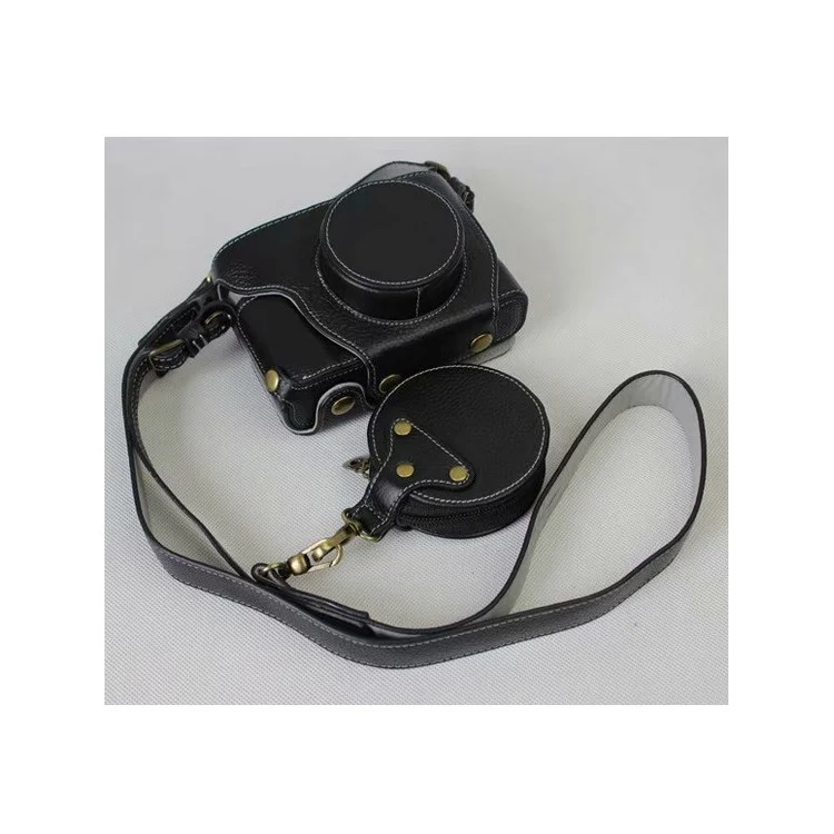 Genuine Leather Camera Protective Case Bag + Strap + Camera Lens Bag for Fujifilm X100F - Black