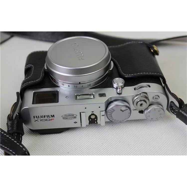 Genuine Leather Camera Protective Case Bag + Strap + Camera Lens Bag for Fujifilm X100F - Black