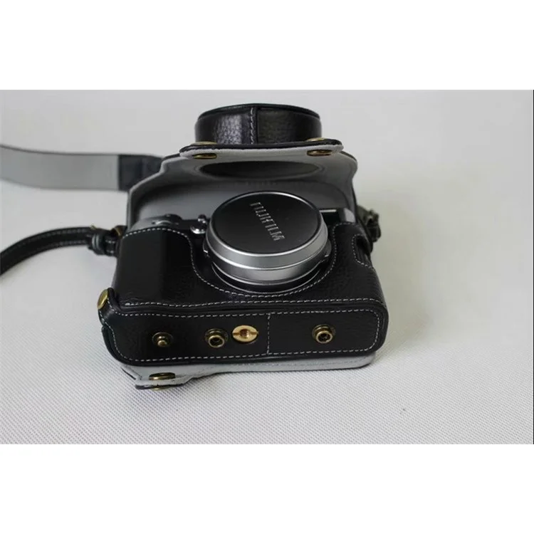 Genuine Leather Camera Protective Case Bag + Strap + Camera Lens Bag for Fujifilm X100F - Black