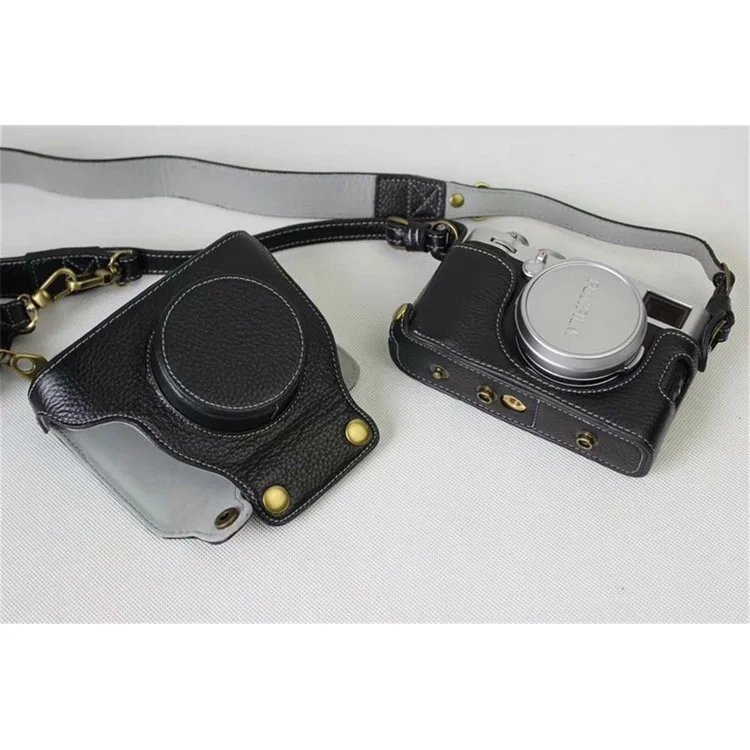Genuine Leather Camera Protective Case Bag + Strap + Camera Lens Bag for Fujifilm X100F - Black