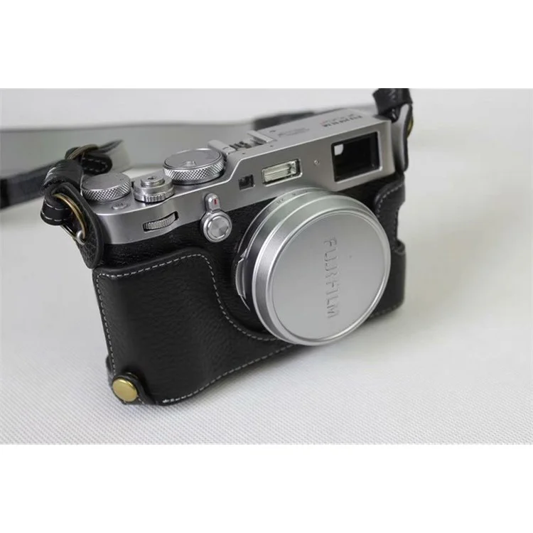 Genuine Leather Camera Protective Case Bag + Strap + Camera Lens Bag for Fujifilm X100F - Black