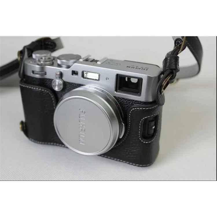Genuine Leather Camera Protective Case Bag + Strap + Camera Lens Bag for Fujifilm X100F - Black