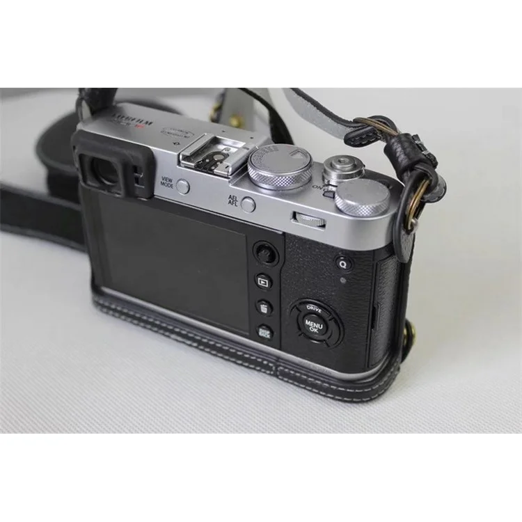 Genuine Leather Camera Protective Case Bag + Strap + Camera Lens Bag for Fujifilm X100F - Black