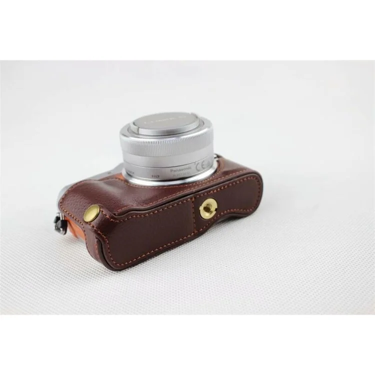 Coffee - Genuine Leather Half Camera Protective Cover Pouch for Panasonic GF7/GF8/GF9/GF10