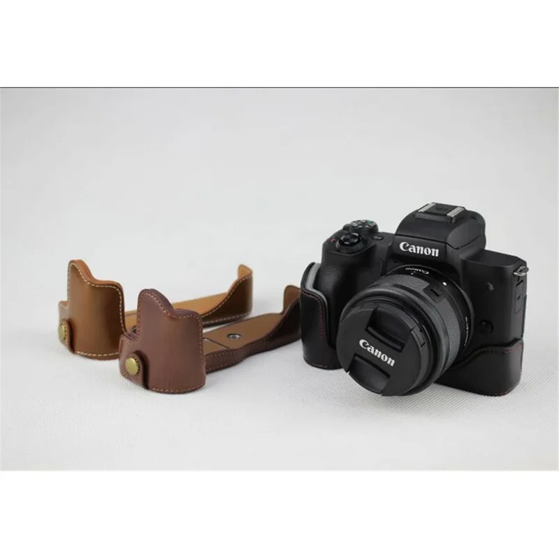 PU Leather Camera Half Case Bottom Mount Cover for Canon EOS M50 - Coffee