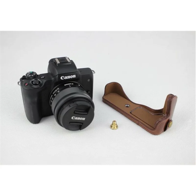 PU Leather Camera Half Case Bottom Mount Cover for Canon EOS M50 - Coffee