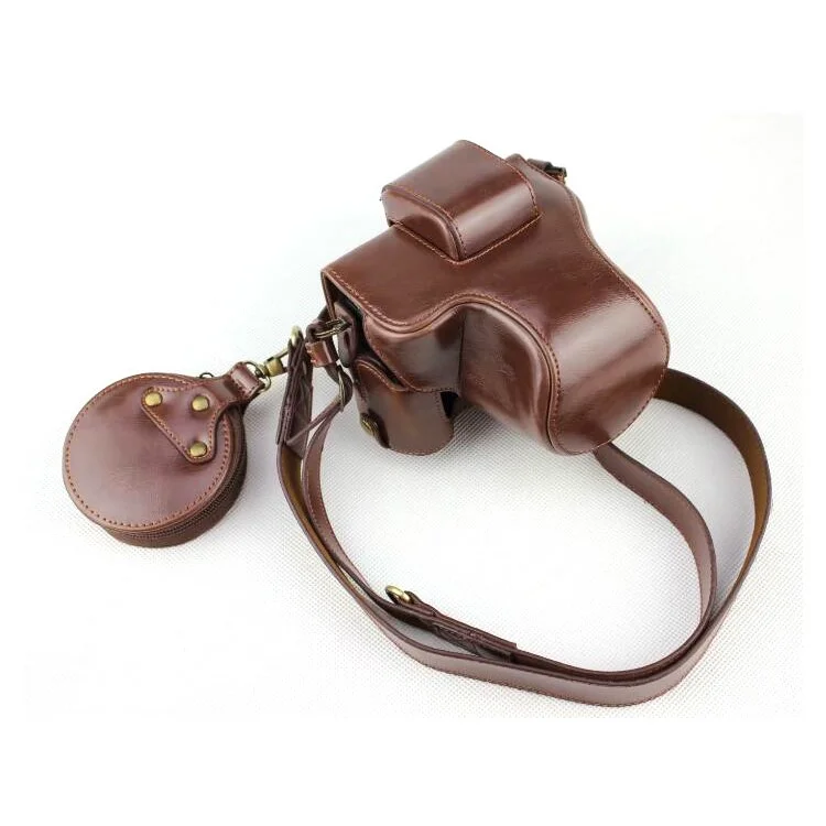 PU Leather Protective Case + Strap + Camera Lens Bag for Canon EOS M50 - Coffee