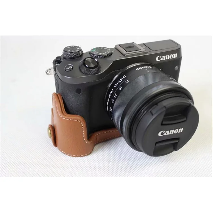 Genuine Cowhide Leather Half Case Bag for Canon EOS M6 Digital Camera - Brown