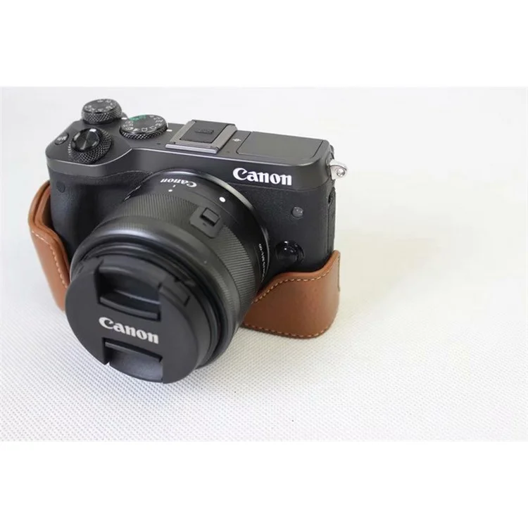 Genuine Cowhide Leather Half Case Bag for Canon EOS M6 Digital Camera - Brown
