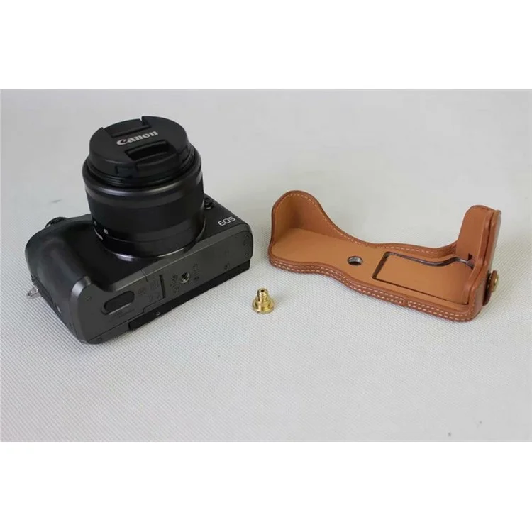 Genuine Cowhide Leather Half Case Bag for Canon EOS M6 Digital Camera - Brown