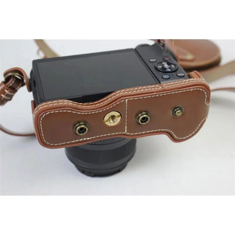 PU Leather Case Bag Protector + Strap + Camera Lens Bag for Canon EOS M6 with 15-45mm Lens - Brown