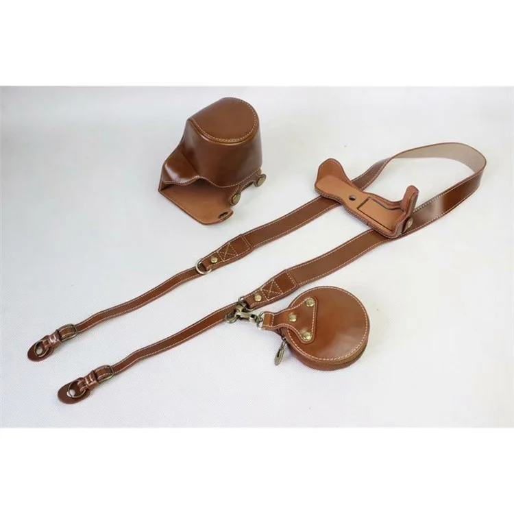 PU Leather Case Bag Protector + Strap + Camera Lens Bag for Canon EOS M6 with 15-45mm Lens - Brown