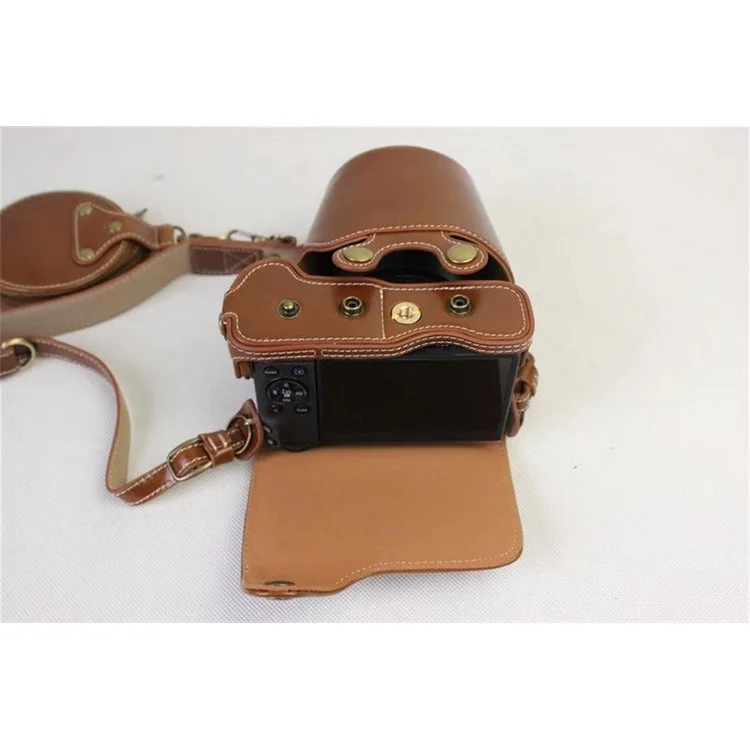PU Leather Case Bag Protector + Strap + Camera Lens Bag for Canon EOS M6 with 15-45mm Lens - Brown