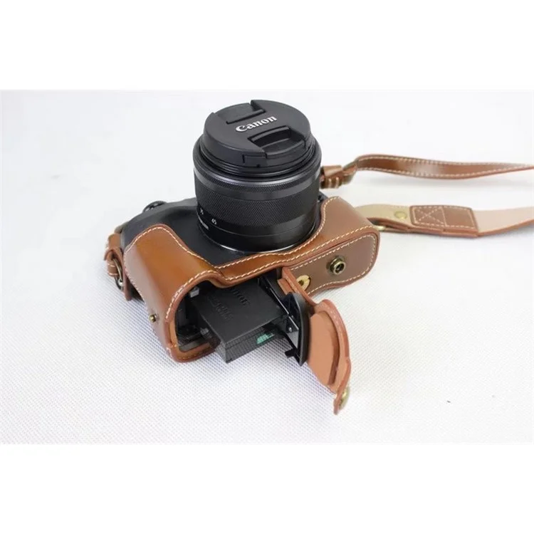 PU Leather Case Bag Protector + Strap + Camera Lens Bag for Canon EOS M6 with 15-45mm Lens - Brown