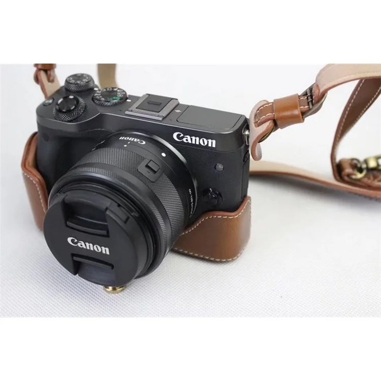 PU Leather Case Bag Protector + Strap + Camera Lens Bag for Canon EOS M6 with 15-45mm Lens - Brown
