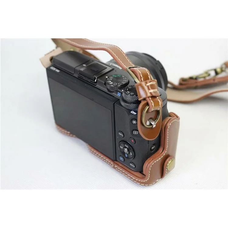 PU Leather Case Bag Protector + Strap + Camera Lens Bag for Canon EOS M6 with 15-45mm Lens - Brown