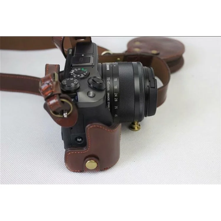 PU Leather Protective Bag Cover + Strap + Camera Lens Bag for Canon EOS M6 with 15-45mm Lens - Coffee