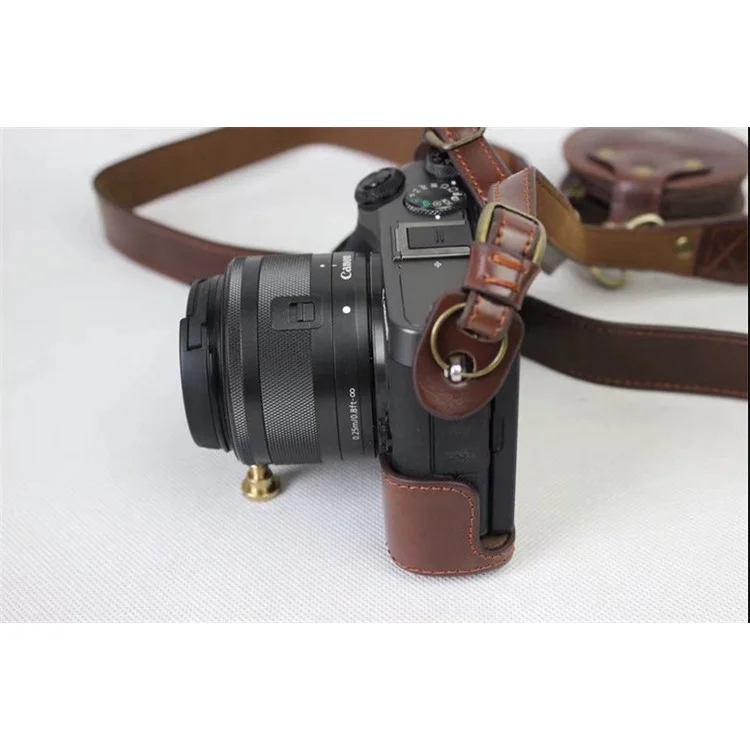 PU Leather Protective Bag Cover + Strap + Camera Lens Bag for Canon EOS M6 with 15-45mm Lens - Coffee