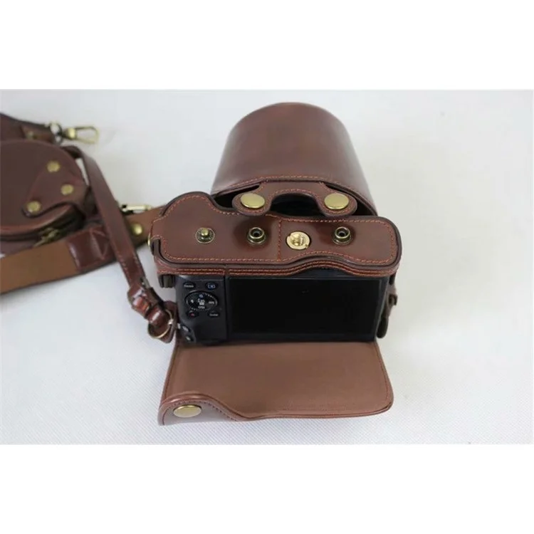 PU Leather Protective Bag Cover + Strap + Camera Lens Bag for Canon EOS M6 with 15-45mm Lens - Coffee