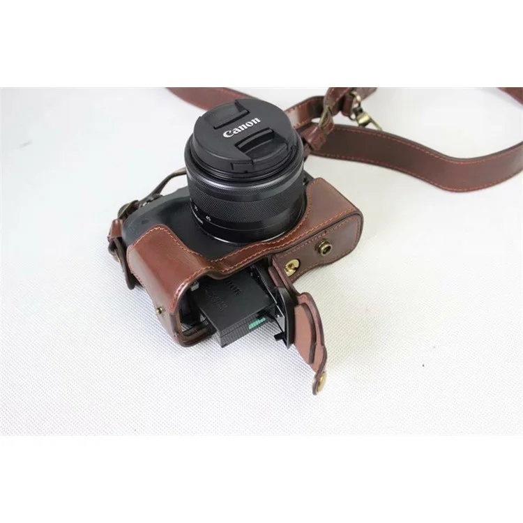 PU Leather Protective Bag Cover + Strap + Camera Lens Bag for Canon EOS M6 with 15-45mm Lens - Coffee